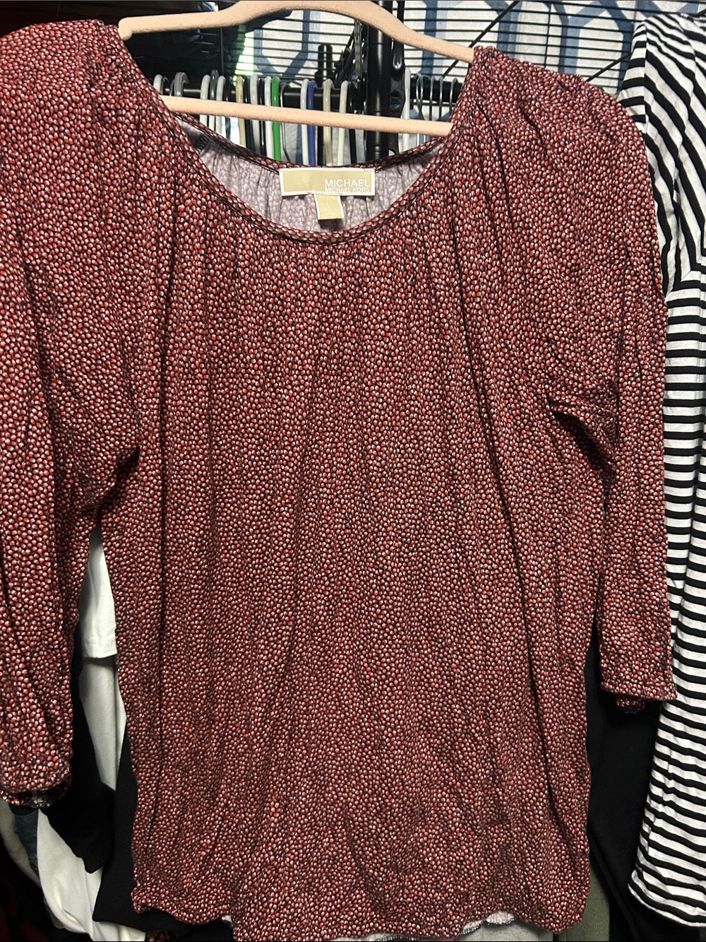 Michael Kors Burgundy Dot-Print Long Sleeve Scoop Neck Top
